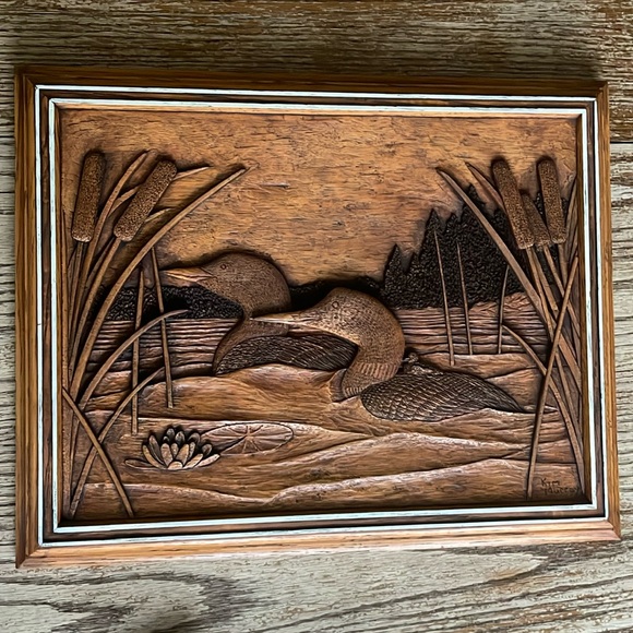 VINTAGE Kim Murray carved wood art Loons Canadiana handmade rustic cabin lake - Picture 1 of 12